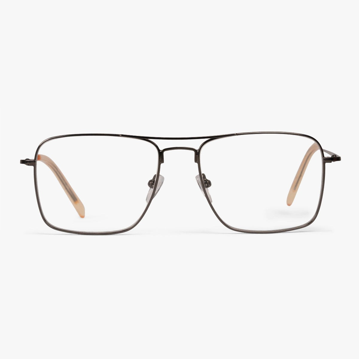 Luxreaders stylish Lidköping Gun Reading glasses. Made from Stainless steel in a Square shape.