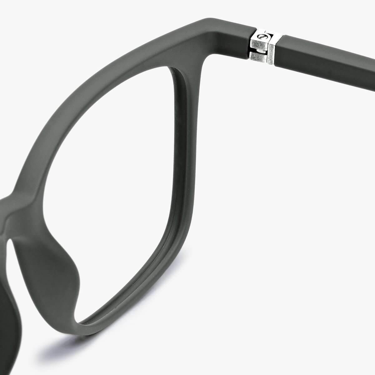 Luxreaders stylish Fyn Dark Army Reading glasses. Made from Rubber in a Square shape.