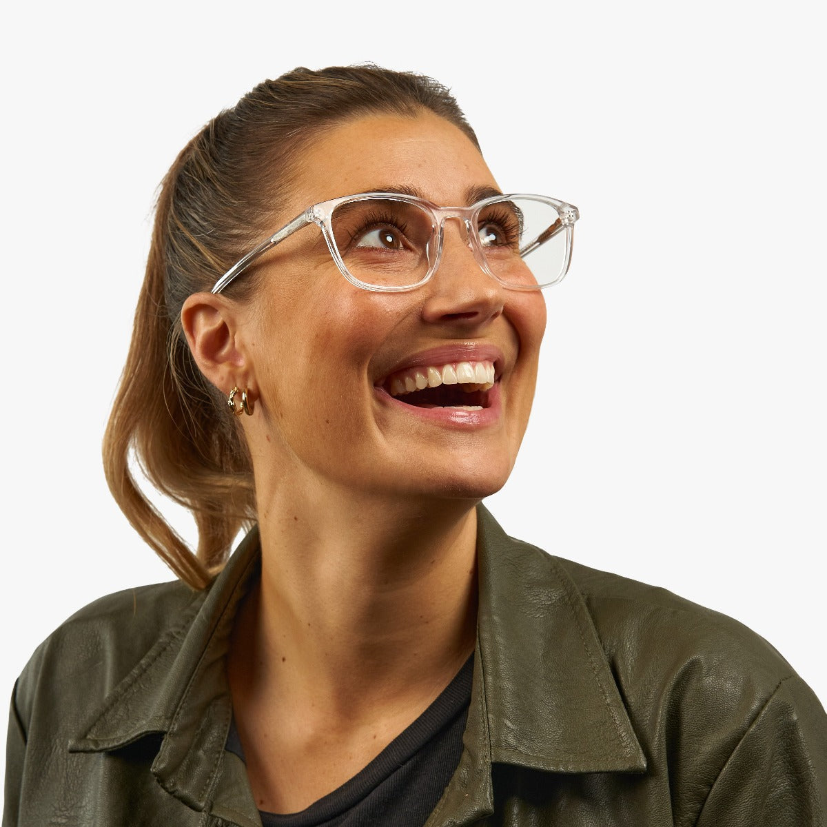 Person wearing Ebeltoft Crystal White glasses