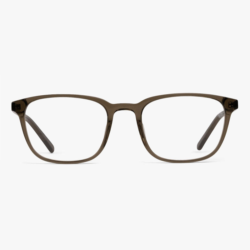 Ebeltoft Shiny Olive reading glasses with rectangular olive frames