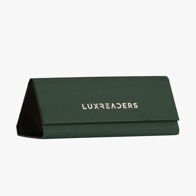 Dark green hard case with Luxreaders logo