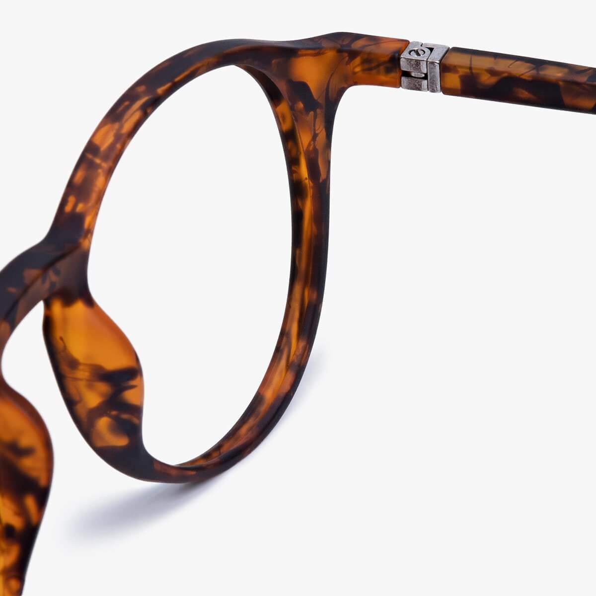 Tortoiseshell patterned reading glasses frame detail