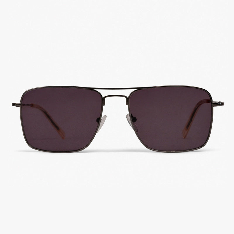 Rectangular black sunglasses with dark lenses