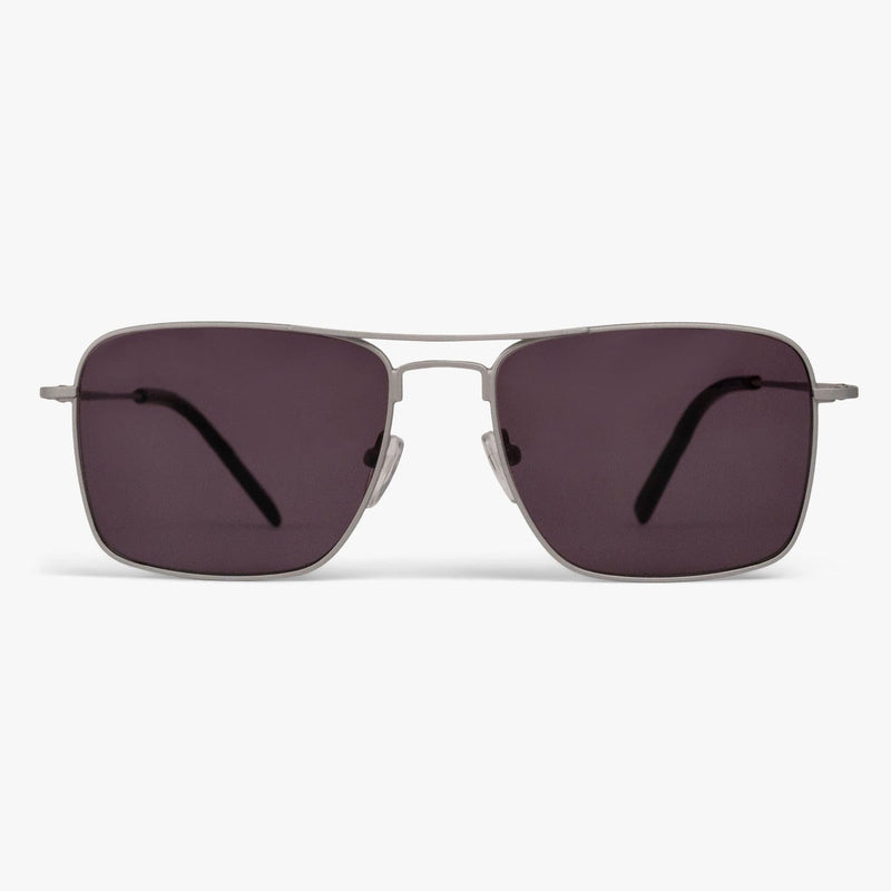 Square sunglasses with dark lenses and a thin metal frame