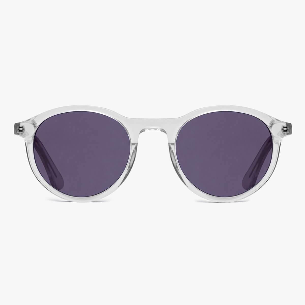 Clear round crystal white sunglasses with dark lenses