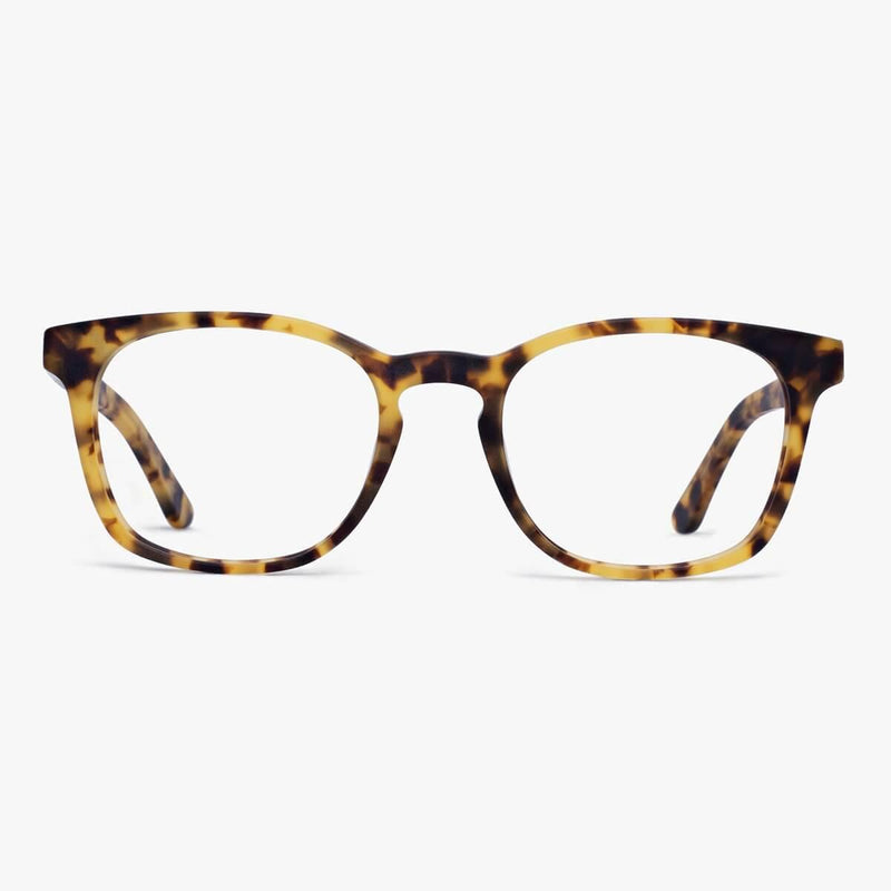 Men's tortoiseshell square glasses with a light frame