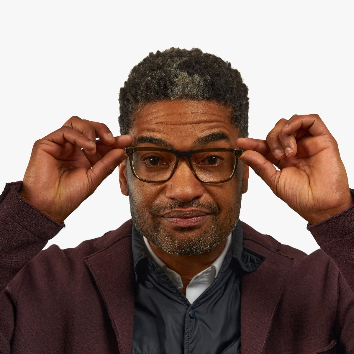 Person wearing men's Oslo shiny olive glasses