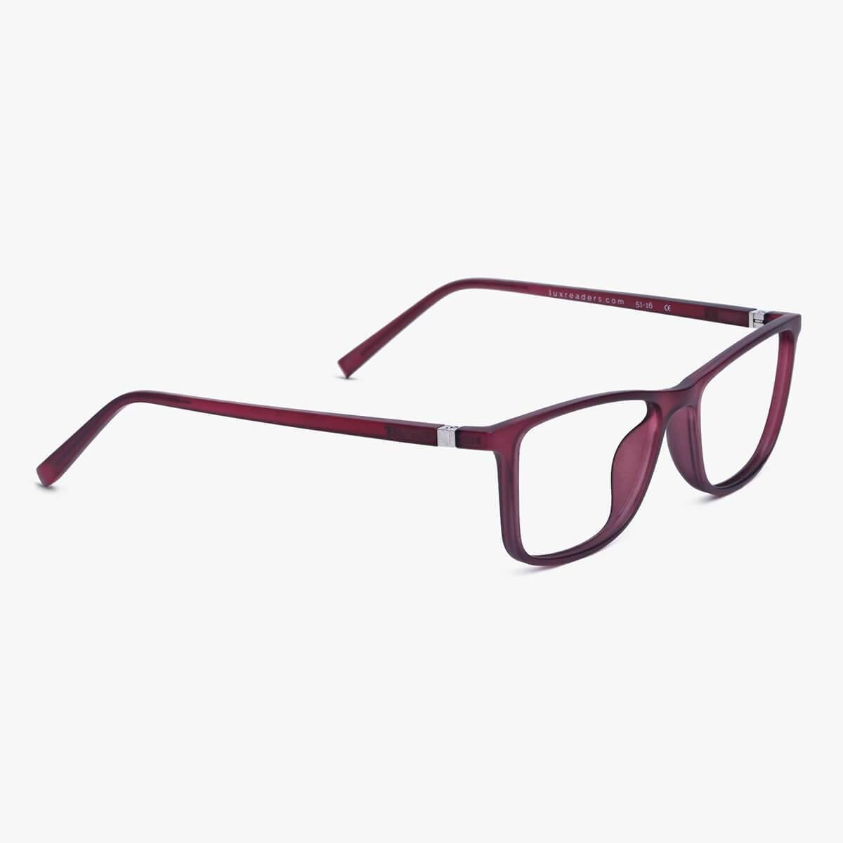 Red rectangular men's glasses with thin arms and silver accents