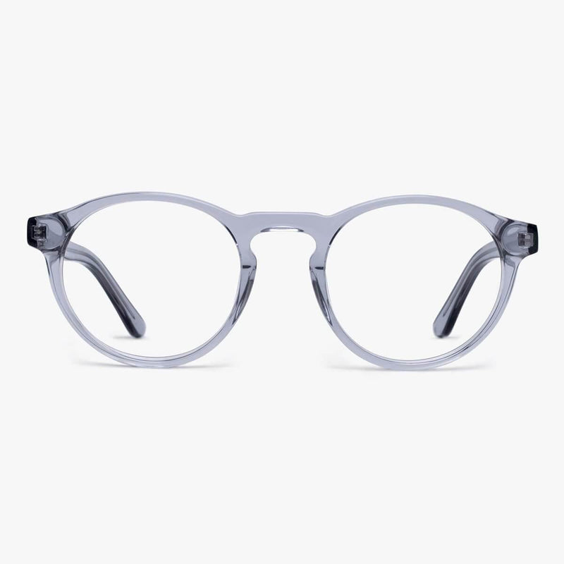 Round crystal grey reading glasses with clear frames