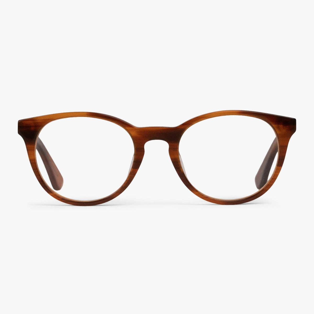 Örebro Shiny Walnut brown round reading glasses on white background