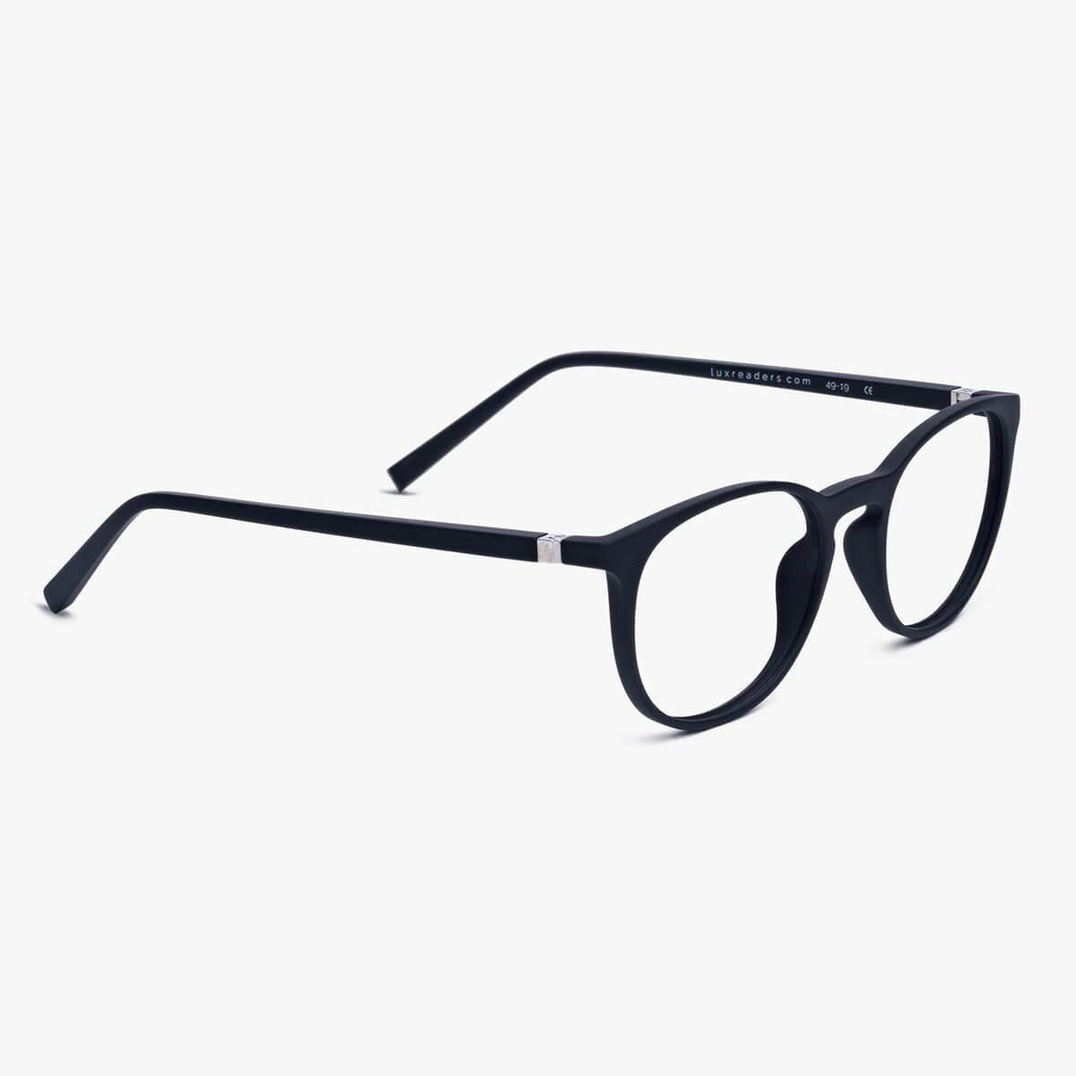 Stockholm Black glasses with sleek black frames and Luxreaders branding