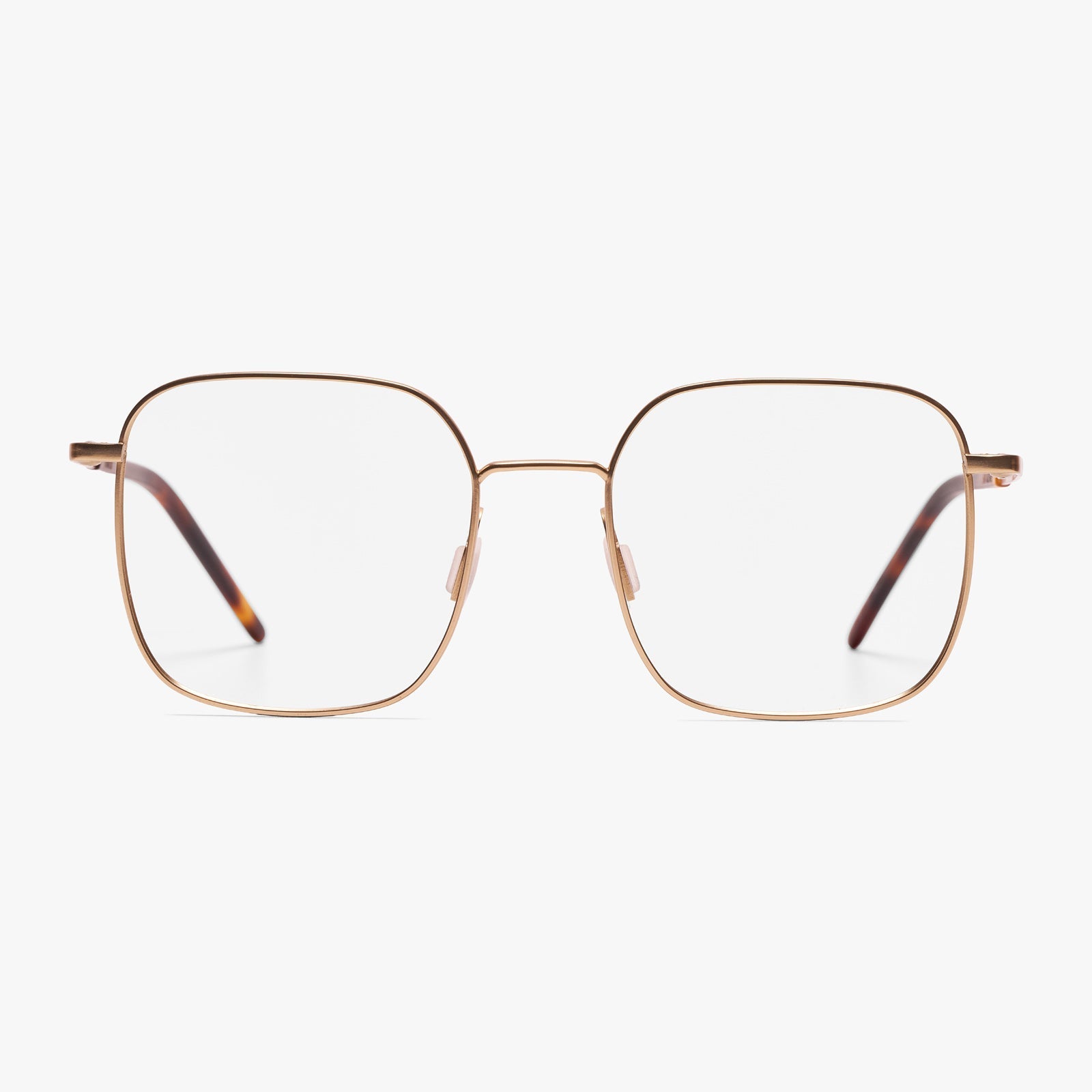 Square gold reading glasses with thin frame and tortoiseshell temples