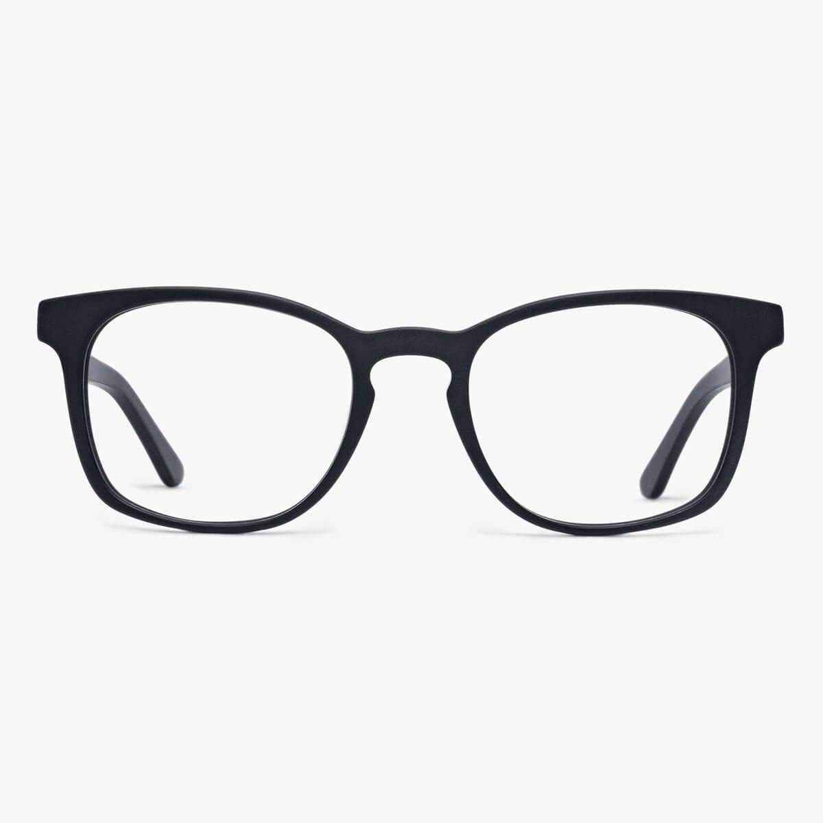 Black square eyeglasses with a matte finish