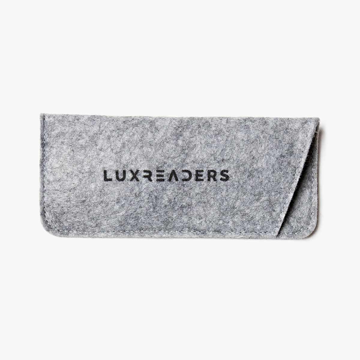 Grey felt eyeglasses case with Luxreaders logo