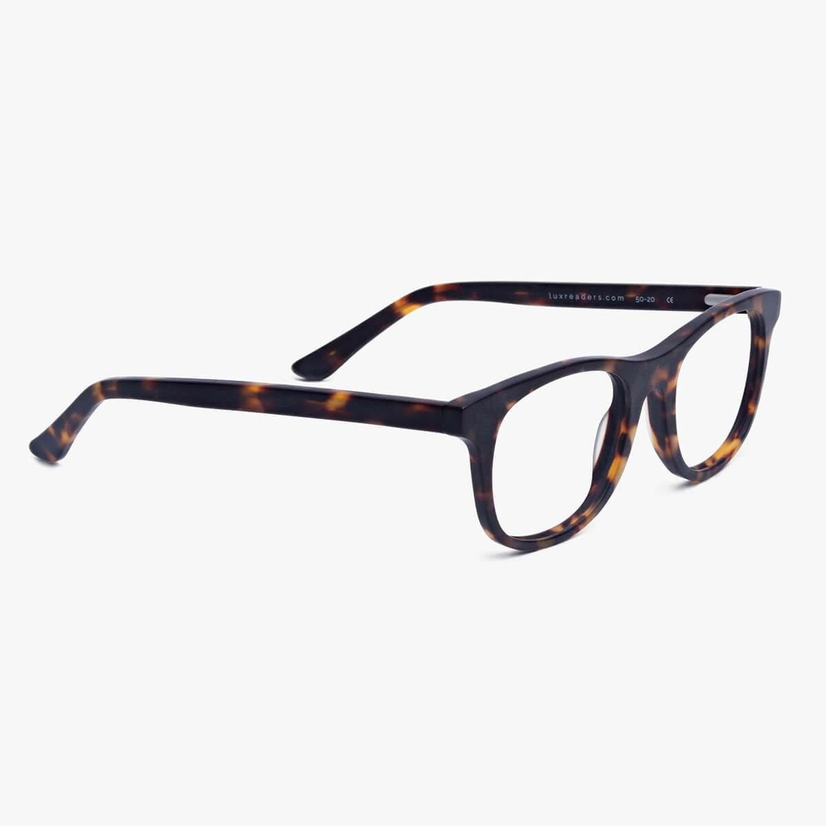 Women's Malmö dark tortoise shell glasses with Luxreaders branding