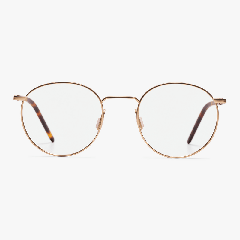 Round gold metal glasses with tortoiseshell arms
