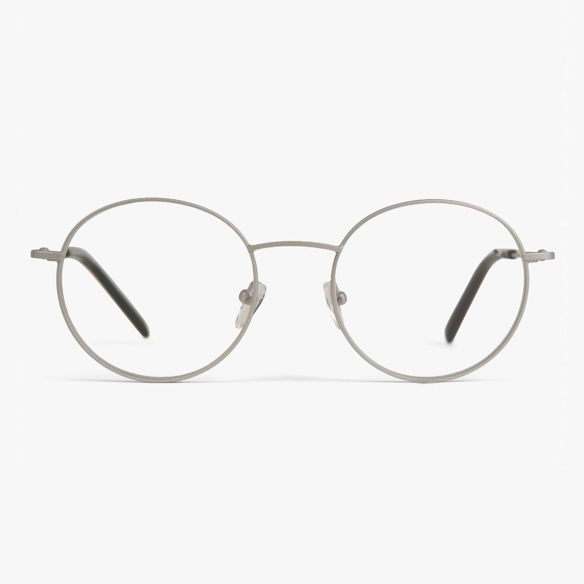 Round steel glasses with thin frames and black temple tips